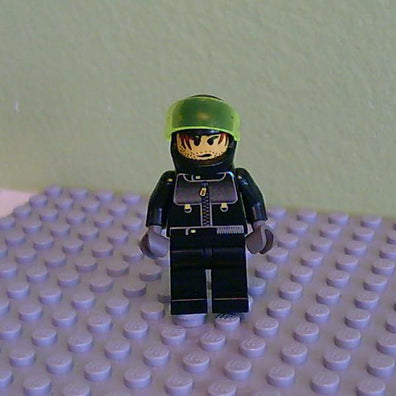 LEGO Minifigure-Male Actor 3, Driver, Black Helmet, Trans- Neon Green Visor-Studios-STU015-Creative Brick Builders
